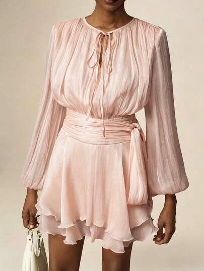 Vesra Apricot Color Tie-Up Loose Long Sleeve Ruffle Hem Elegant Mini Dress For Women Aveloria Dress