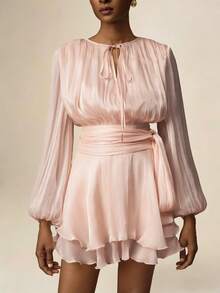 Vesra Apricot Color Tie-Up Loose Long Sleeve Ruffle Hem Elegant Mini Dress For Women Aveloria Dress - Dusty Pink - View 4