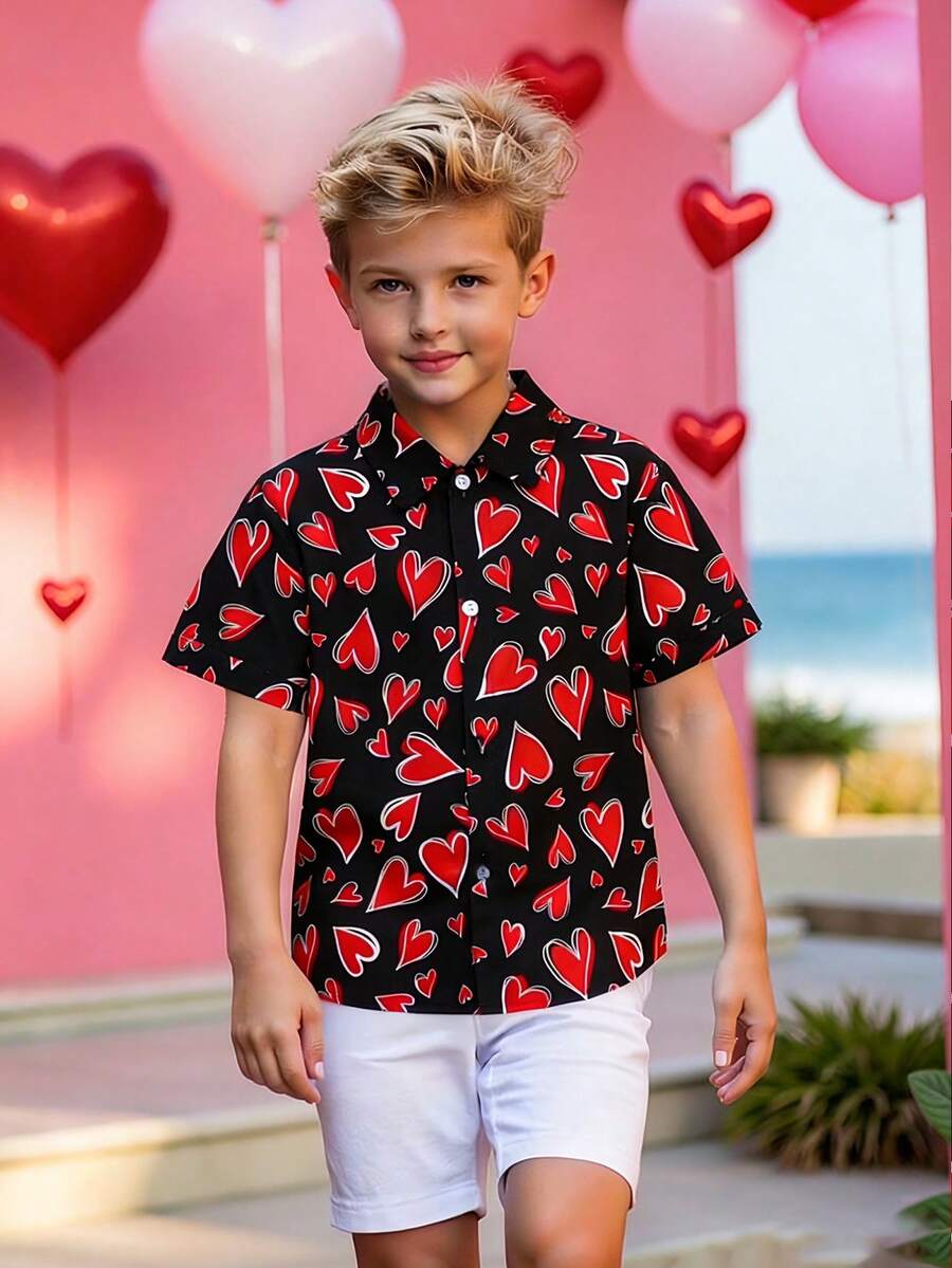 Kemeja Lengan Pendek Kasual Motif Hati untuk Anak Laki-Laki Remaja, Cocok untuk Pemakaian Sehari-hari dan Hari Valentine - MultiWarna - View 1