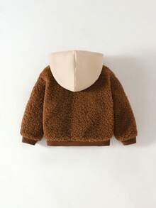 Maija Kids 男童棕色拼接连帽夹克，带保暖内衬、刺绣图案和口袋，宽松版型 - 咖啡棕 - 查看 2