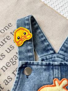 Playful Pals 1pc Baby Boys Vintage Casual Denim Overalls With Cute Duck Print, Loose Fit Bib Pants, Suitable For Spring And Autumn Seasons - Medium Wash - View 6