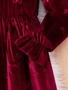 SHEIN Tween Girl' Velvet Dress,Burgundy,Autumn,Elegant,Party Wear With Embroidered Color-Block Collar Applique,Fashionable Holiday Autumn/Winter Clothing - Red - View 8