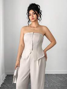 SHEIN Elenzya Plus Size Elegant Commuter Solid Color Tube Top And Pants Two Pieces Set, Summer - Light Grey - View 5