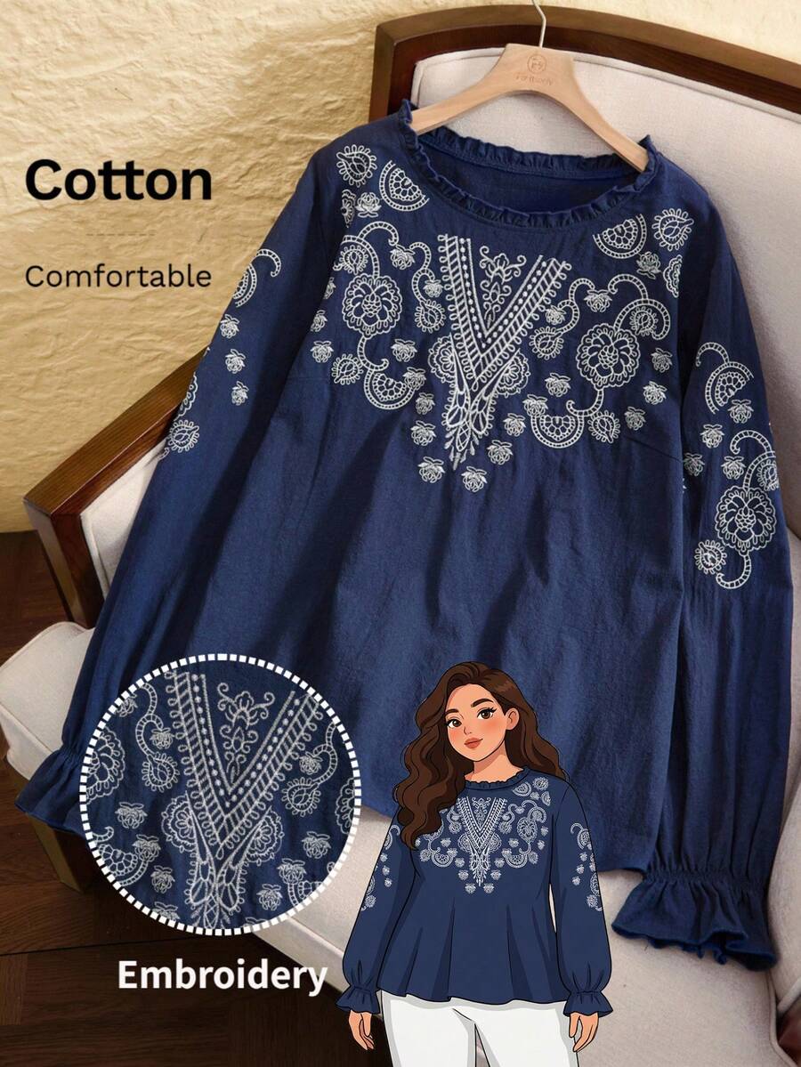 EMERY ROSE Blusa casual de manga larga con cuello redondo, volantes y bordado floral para mujer de talla grande - Azul Marino - Ver 1