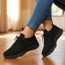 Mujer Zapatillas Deportivas De Tejido De Punto Transpirable Con Cordones Suela Gruesa Negros - Negro - Ver 4
