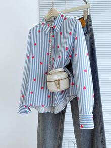Resyla Women's Heart Print Long Sleeve Blue And White Stripe Shirt,Cute Preppy Tops For School,Back-To-School Autumn Basic Commuter Casual Cherry Shirt - Blue and White - View 1