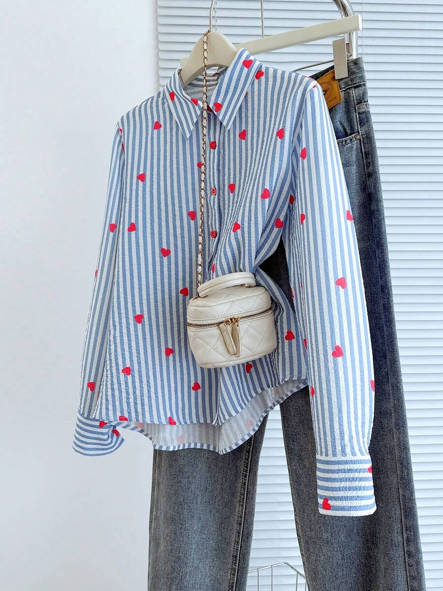 Resyla Women's Heart Print Long Sleeve Blue And White Stripe Shirt,Cute Preppy Tops For School,Back-To-School Autumn Basic Commuter Casual Cherry Shirt - Blue and White - View 1