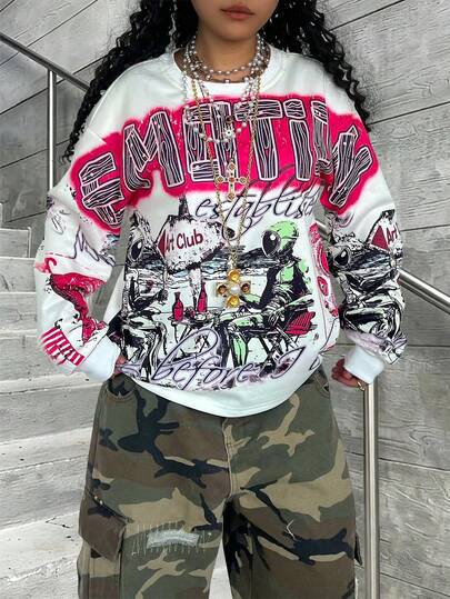 Rovax Women's Graffiti Print Oversized Crew Neck Drop Shoulder Long Sleeve Sweatshirt