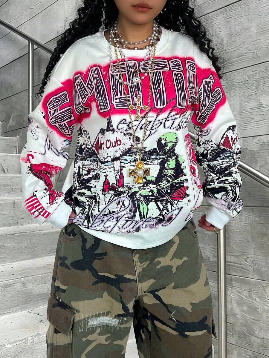 Rovax Sweatshirt Wanita Lengan Panjang Kerah Bulat Longgar dengan Motif Grafiti dan Bahu Jatuh - MultiWarna - View 1