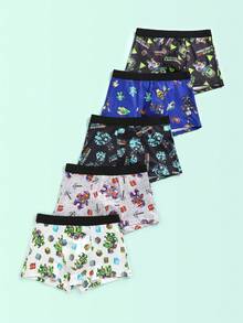 SHEIN 5pcs/Pack Tween Boys' Comfortable Boxer Briefs With Building Block & Cartoon Print - Multicolor - View 3
