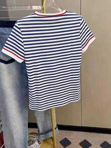 Resyla Classic Blue-White-Red Striped Print Women's T-Shirt Perfect For Summer, Daily Commuting, Holiday Gifts, Fashion, Stylish T-Shirts, Beautiful T-Shirts, Sibling Gifts, Sister Gifts, Mom Gifts, Mother's Day Gifts, Casual Yet Fashionable Tops - Blue - View 2