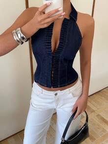 Siren Gaze Áo denim xanh đậm dành cho nữ, áo không tay gợi cảm, áo kiểu thanh lịch, thích hợp cho hẹn hò mùa hè. - Rửa tối - Xem 2