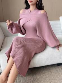 DAZY Women's Elegant Solid Color Sleeveless Dress, Off Shoulder Long Sleeve Sweater, 2-Piece Set, Autumn/Winter - Pink - View 1