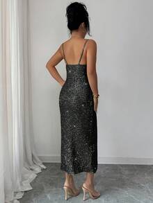 Elenzga 女士亮片吊带露背褶皱领口中长连衣裙，优雅法式复古街头风，简约时尚，适合冬季、万圣节、圣诞节、感恩节、下午茶会、半正式场合、性感派对、秋冬季穿着。 - 黑色 - 查看 2