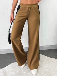 EURMUSE Women's Solid Rib-Knit Side Striped Wide Leg Casual Sweatpants - Beige - View 1