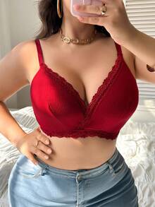 大码浪漫蕾丝拼接舒适内衣 - 酒紅色 - 查看 4
