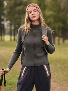 SHEIN In My Nature 常规款长袖针织开衫 - 綠色 - 查看 5