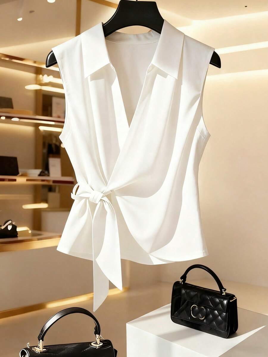 Franclia Fashionable Lapel Sleeveless White Shirt With Belt, Waist Cinched, Women's Spring/Summer Stylish Blouse - White - View 1