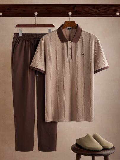 Core Aspect 男士提花针织Polo衫和梭织长裤套装，休闲装。适合日常外出、朋友聚会和轻松的周末。INS热销男士两件套。