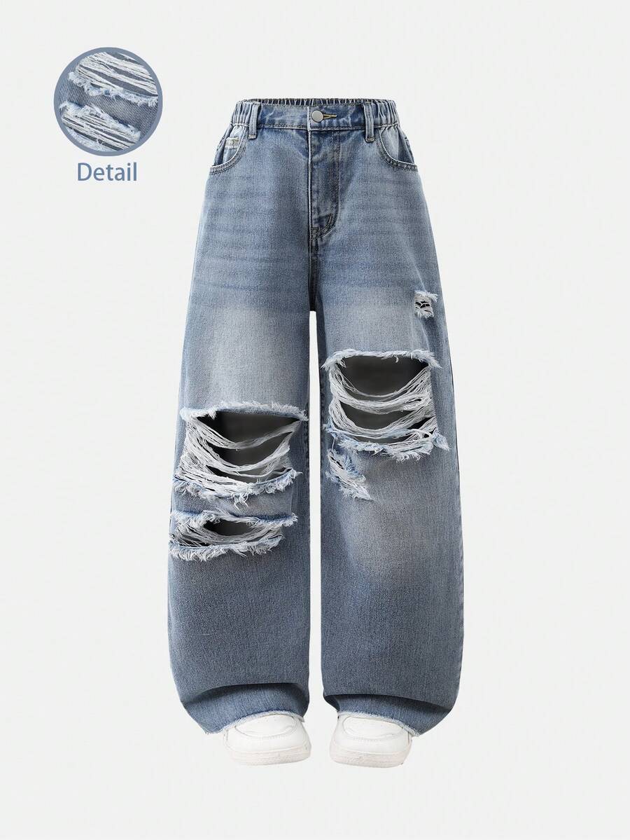SHEIN Quần jeans denim rách ống đứng đơn giản, rộng rãi, giặt sạch dành cho bé gái tuổi teen + Quần denim rách cạp chun cơ bản + Quần denim rách màu xanh nhạt, phù hợp với mọi mùa, chất liệu vải thoải mái - Rửa trung bình - Xem 1