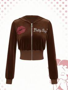 Betty Boop | ROMWE Y2K Rhinestone Betty Pattern Velvet Hooded Sweatshirt & Pants Set - Brown - View 3