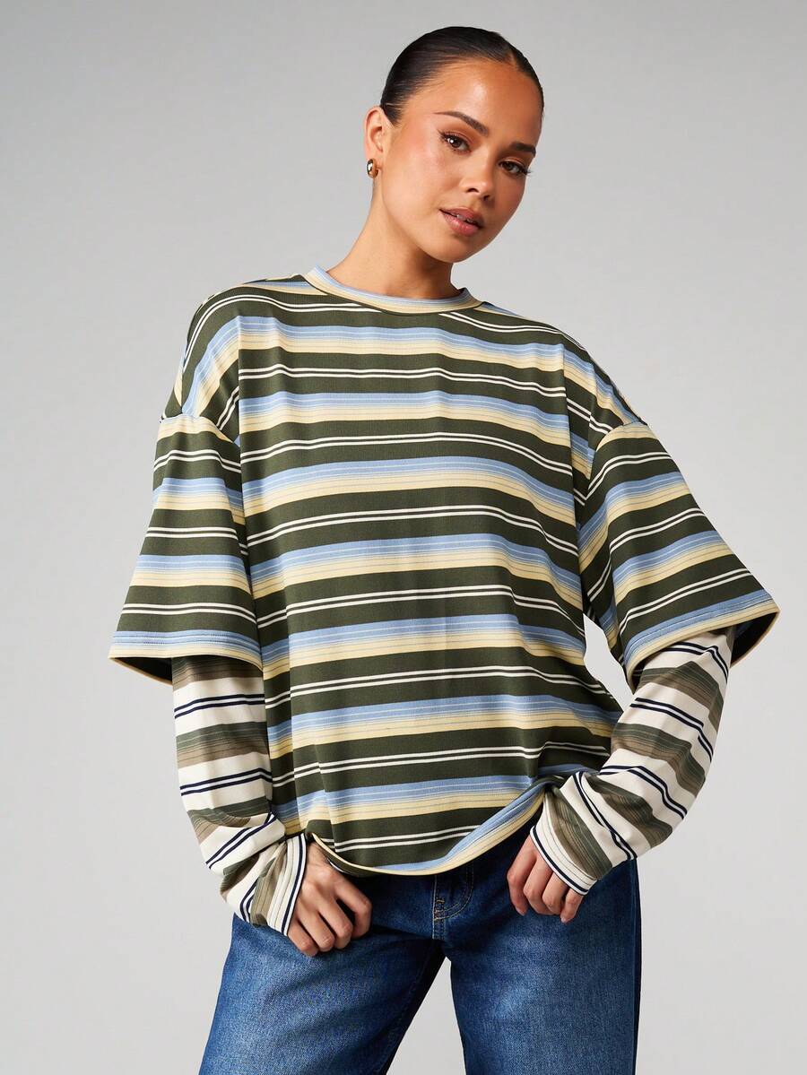 MISSGUIDED Doppellagiges Langarm Horizontal gestreiftes Rundhals Lässig Relaxed Fit Oversized Geripptes Frühling Herbst Alltags Basic T-Shirt