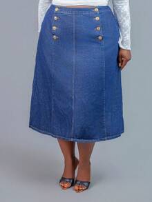CurvyTilda 大码休闲通勤双排扣牛仔裙 - 深色水洗藍 - 查看 6
