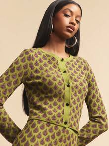 NYA SZN 长袖修身短款上衣，纽扣设计，日常休闲格纹印花图案，适合日常休闲、音乐会、生日约会、商务休闲、办公室、秋冬季通勤穿着，针织弹力面料，女款 - 綠色 - 查看 1