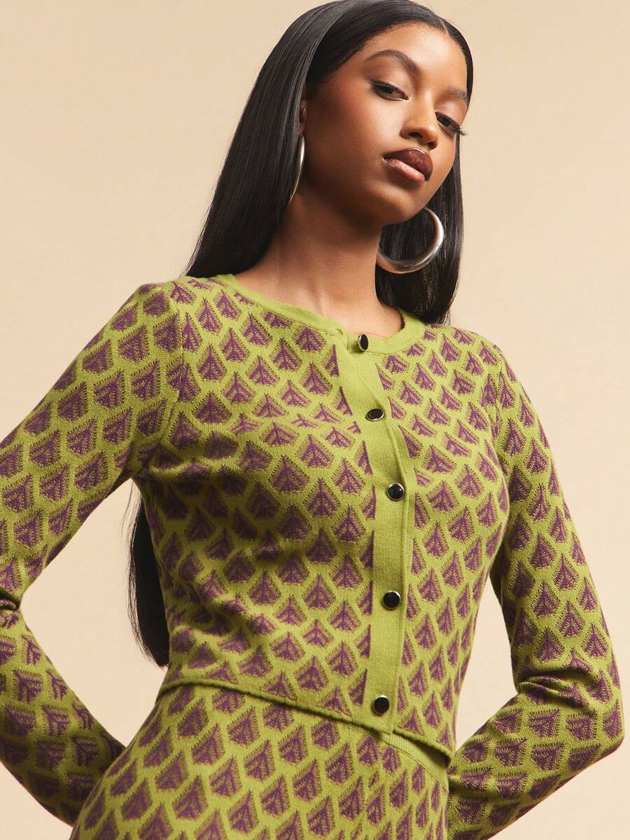 NYA SZN 长袖修身短款上衣，纽扣设计，日常休闲格纹印花图案，适合日常休闲、音乐会、生日约会、商务休闲、办公室、秋冬季通勤穿着，针织弹力面料，女款 - 綠色 - 查看 1