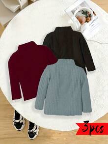 SHEIN 男童純色極簡日常高領長袖T恤 - 彩色 - 查看 2