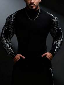 RISE LYT 男士时尚荆棘印花短袖运动T恤压缩衣 - 黑色 - 查看 3