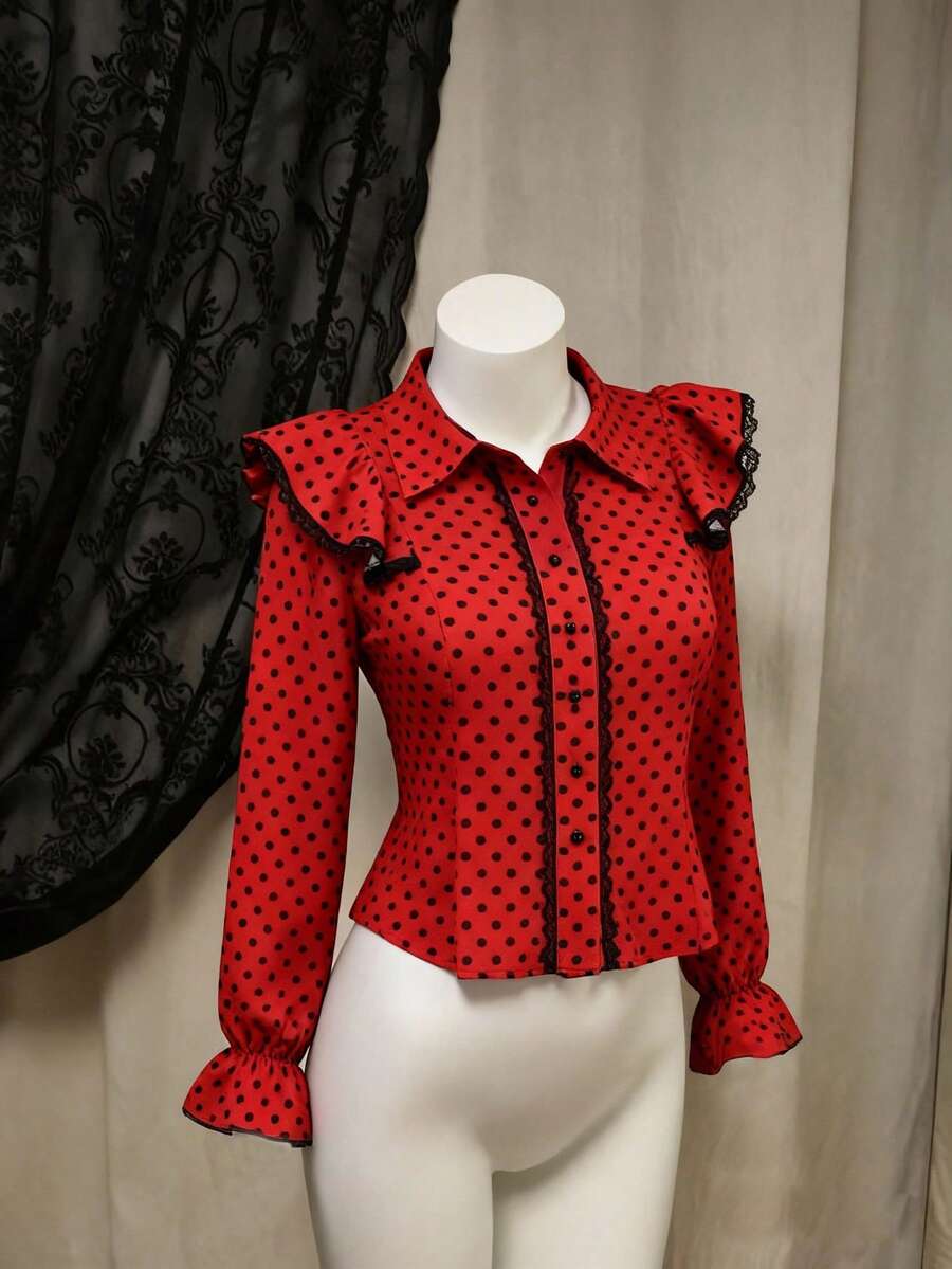 Sunspun Blusa de manga larga con volantes y lunares en talla grande para mujer - Multicolor - Ver 1