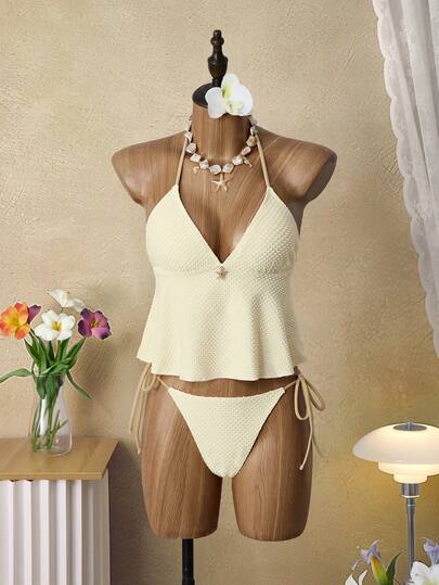 Bellisia Women's Solid Color Tankini Swimsuit Set, Vacation/Beach For School,Suitable For Holiday, Date, Afternoon Tea, Western, Cruise, Beach, Island, Road Trip, All Seasons, Music Festival, Boho Vacation,Bohemian Vacation, Chill Autumn ,Western Boho ,Elegant Tops For Women 2026 A Pale Yellow Swimsuit Made Of Textured Fabric, Cute And Flattering For Young Women.