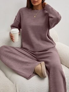 EURMUSE Women Round Neck Rib Knitted Sweater And Sweater Pant 2pcs Sets Co-Ord