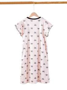 Girls Casual Butterfly Print Ruffle Trim Short Sleeve Nightgown - Pink - View 2