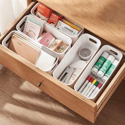 5件/8件/12件套白色塑料抽屉收纳盒套装，多功能浴室梳妆台抽屉收纳托盘，可用于存放化妆品、卧室、厨房用具和办公用品。