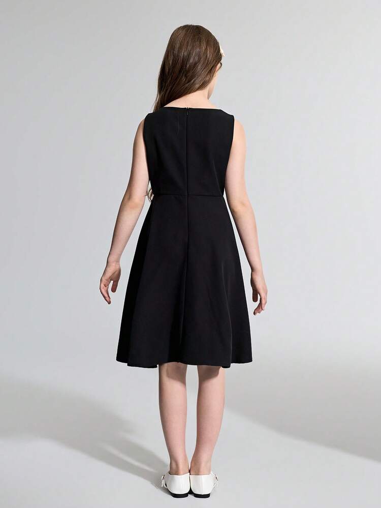 Tween Girl Woven Black Contrast Lace Contrast Color Sleeveless Elegant Dress