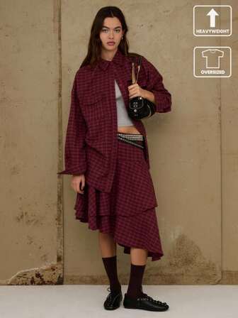 COUREZ 长袖宽松法兰绒格纹衬衫/Y2K秋冬女装Grunge风两件套红色衬衫舒适冬季穿搭外出派对装扮新年装扮