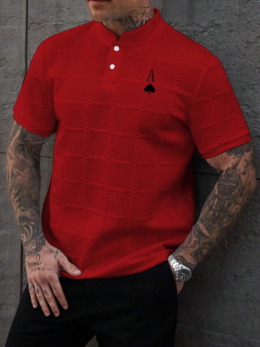 Manfinity Homme 男士Polo衫,商务休闲,纹理面料,印花设计 男士针织衬衫 男士T领T恤 男士纽扣针织Polo衫 男士Polo衫 - 紅色 - 查看 1