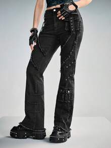 ROMWE Grunge Punk Women's Heavy Wash Distressed Patchwork Cargo Pocket Jeans
