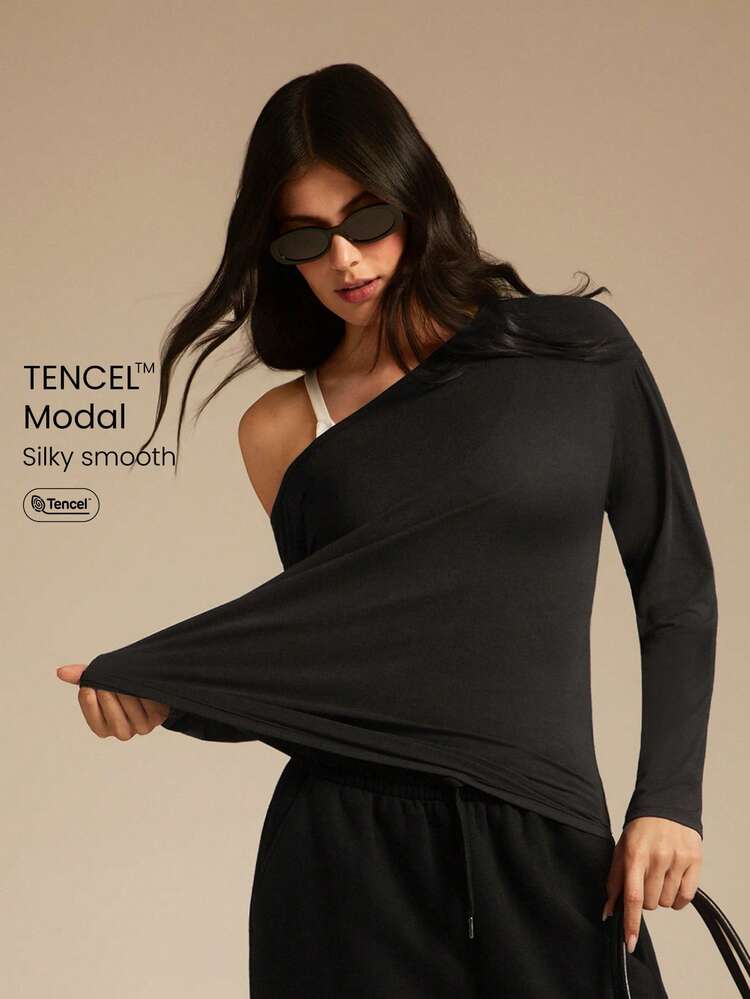 TENCEL™ Modal Drift Off Lightweight Silky Smooth Asymmetrical Off Shoulder Long Sleeve Active Top Low-Impact Yoga Pilates Gym Studio Daily Casual Wear
