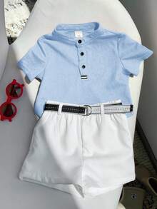 SHEIN 2pcs/Set Baby Boy Comfortable Casual Versatile Daily Fashion Minimalist Style Red Collar Short Sleeve T-Shirt POLO Knit Top And White Shorts Pants With Belt Multi-Piece Suit Uniform Formal Wear, Suitable For Indoor, Outdoor, Daily, Sports, Play, Party, Photo Shoot, Holiday, Festival, Wedding, Baby Shower, Christening And 1st Birthday Celebration, Spring/Summer - Blue - View 8