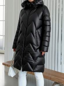 EURMUSE Abrigo largo de invierno con capucha esponjosa, cierre delantero con cremallera y detalles, de unicolor para mujer - Negro - Ver 3