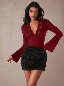 Hauture Women's Contrast Lace Deep V-Neck Flare Sleeve Fitted Sexy Fashion T-Shirt - Burgundy - View 3