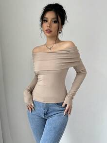 Elenzga 女士优雅露肩纯色上衣，适合通勤 - 卡其色 - 查看 3