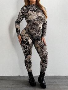 Whyspr 大码女式网纱印花优雅复古朋克哥特风连体裤，大胆前卫高领长袖修身派对Y2K印花紧身裤高弹力，音乐节服装，派对及节日服饰 - 彩色 - 查看 3