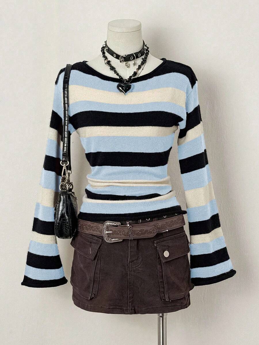 EgrlEra Women's Casual Colorblock Striped Flare Sleeve Sweater, Autumn/Winter - Baby Blue - View 1