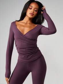 MISSGUIDED Women Long Sleeve Ruched Detail V Neck Fitted Top With Side Gathering Athletic Activewear Workout Shirt Fall Winter - Brown - View 5