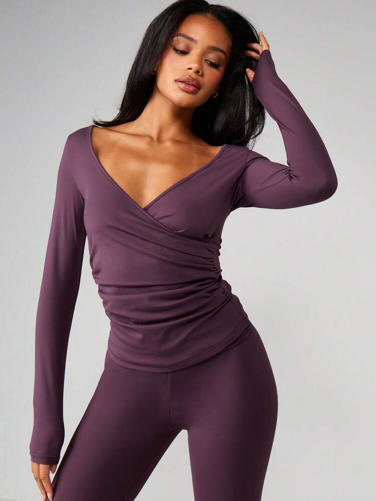 MISSGUIDED Long Sleeve Ruched V Neck Top