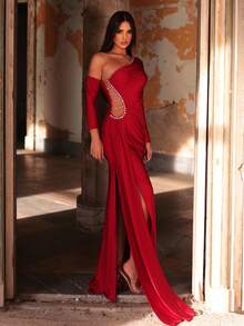 Glamrae 优雅奢华深红色褶皱手工水钻链条不对称长袖褶皱亮片美人鱼正式晚礼服 - 紅色 - 查看 6